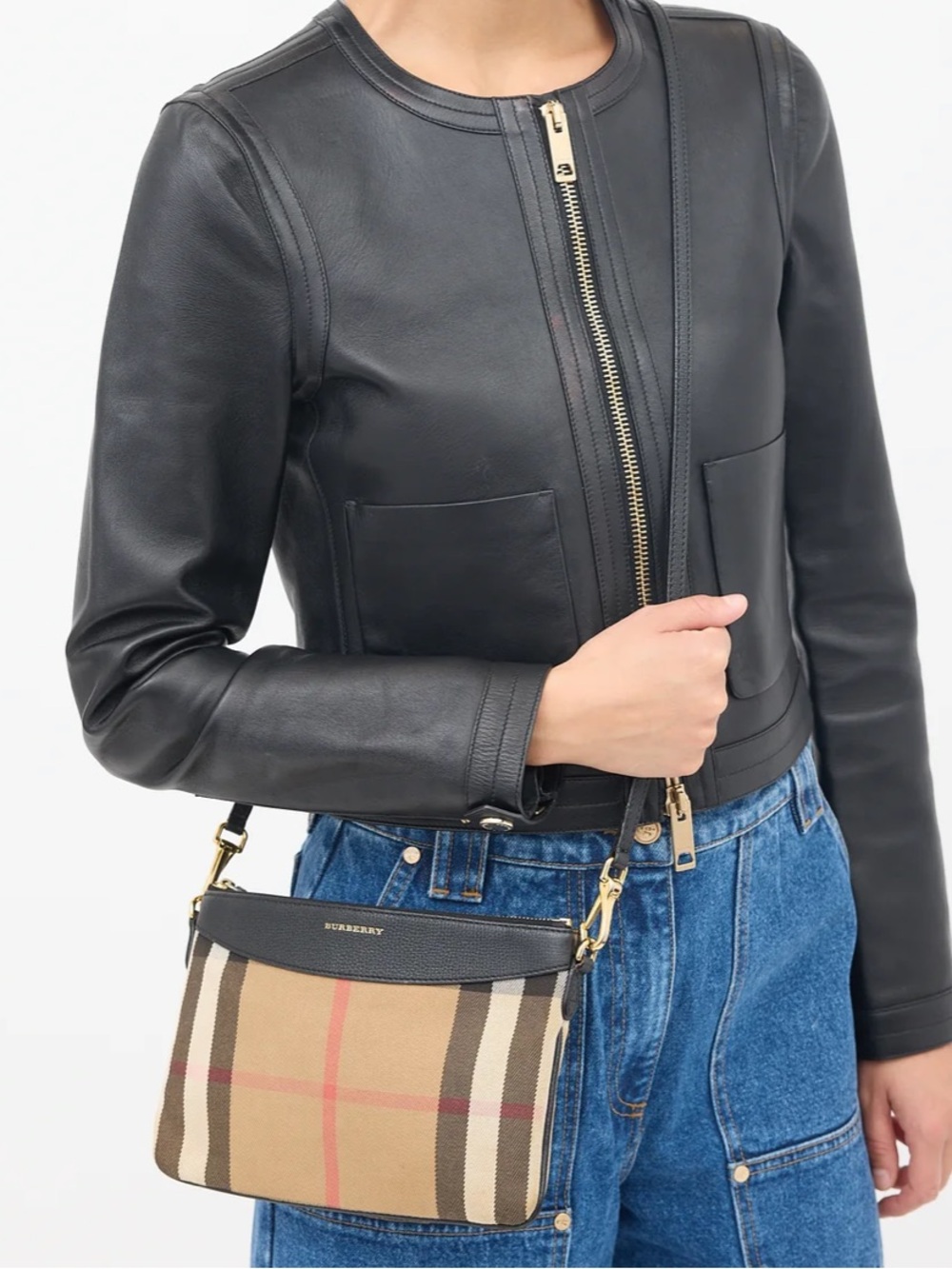 Burberry Peyton Black Trim Tan Check Crossbody Bag with Red Accent - Picture 8 of 8